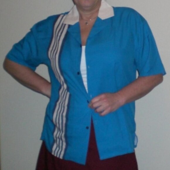 Women's Blue and Cream Shirt, L, Women's Hawaiian Retro Bowling 1950s Style Shir - Picture 2 of 7
